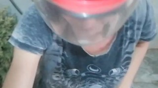 Biker in a red helmet pisses during her period. Tik Tok 