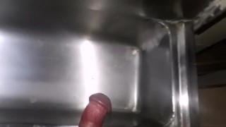Man moaning and masturbating in the sink of a public bathroom / huge cock does cum creampie AndyZ 94
