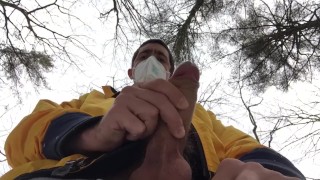 Masked uncut Maine boy cruising outside in the park 
