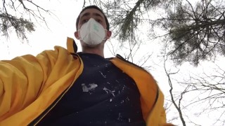 Masked uncut Maine boy cruising outside in the park 