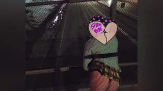 Shy sissy flashing on public bridge and around city