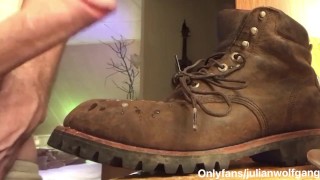 Hot construction worker w/ big uncut cock cums on his work boot. Full video @onlyfans/julianwolfgang