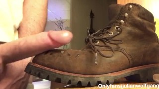 Hot construction worker w/ big uncut cock cums on his work boot. Full video @onlyfans/julianwolfgang