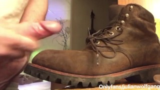 Hot construction worker w/ big uncut cock cums on his work boot. Full video @onlyfans/julianwolfgang