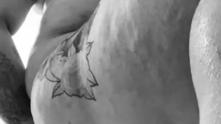 Latin tattooed chub plays with dildo in shower