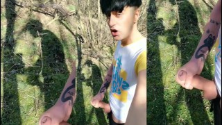 Twink and his shadow on a sunny day - Outdoor jerk off - thick cock