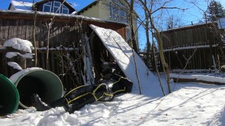 Inflatable Heavy Rubber Cyborg Suit in Snow at minus 10 degree