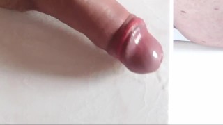 T-girl plays with dildo and cum twice handsfree