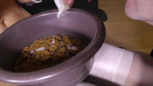 she masturbate her pussy while she watch him eat the condom from the bowl
