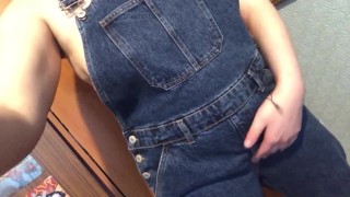 Wetting denim overalls and rubbing pussy