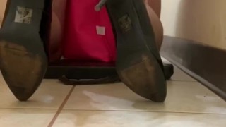 Cross dressing sissy locks her self up in double chastity and performs e-stim