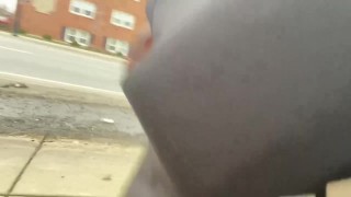 Stroking my bulge on busy street (I NEED a NASTY BITCH !) 