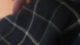 Shaved pierced cock flexing in my boxers right in the living room