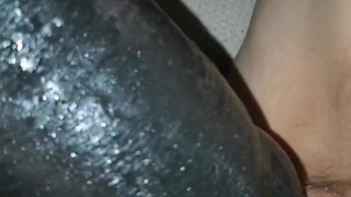 Milf enjoys long thick black King Cock Dildo! Puts it all in with cock ring! 