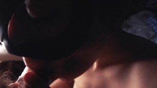 Girl with red lips gives a slobber blowjob and I cum in mouth