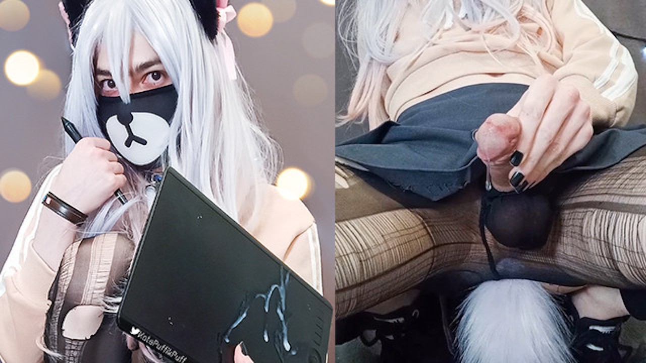 CUTE NEKO TRANS precum Wearing Buttplug Torn Tights and Cosplay SAGIRI  IZUMI to CUMSHOT on Tablet