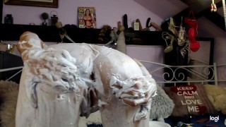 Short shaving cream all over my face and ass