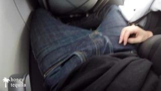 Risky public handjob on a plane - huge cumshot (real amateur couple)