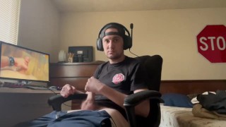 Stroking cock to a milf taking two dicks