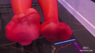 Toes Wiggling In Red Shiny Pantyhose