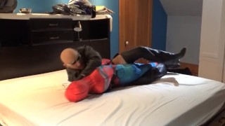 leather man facesits and cums on spiderman dummy