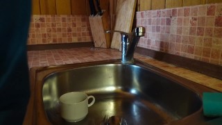 I need to pee but bathroom is busy, I will do in the kitchen!