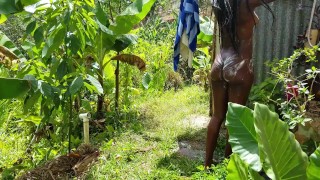 Black Beauty Sun Bathing in Public & Showering Outdoors in Paradise