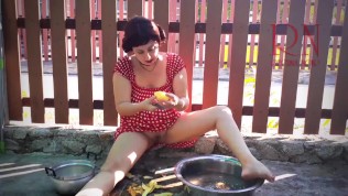 Retro Maid Prepares Potatoes for Dinner Vintage Performance Vintage Maid Have No Panties Summertime 