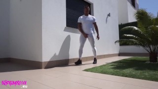 Public exhibitionist in white spandex