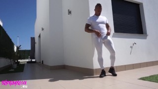 Public exhibitionist in white spandex