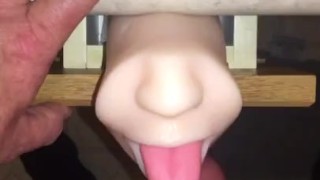 Fan Request: I Jerk off to my silicone mouth stroker device, cumming all over it & licking it all up