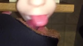 Fan Request: I Jerk off to my silicone mouth stroker device, cumming all over it & licking it all up