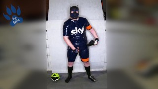 Rubber Cyclist Pup enjoying his gear (sniffing & pawing off)