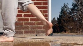 Bent over power pissing outside and farting loudly