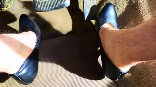 Pedal pumping crossdresser in high heels Stalled car