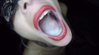 Dutch masked blonde milf suckes cock and gets hot load on her tongue