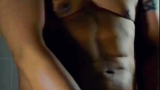 Asian gay muscle solo cum jack off in shower