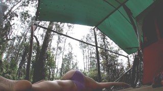 Yoga by my tent in the rain from harry potter pants and a christmas tee to panties and titties