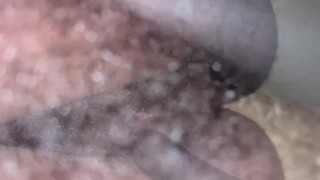 WET HAIRY PUSSY DILDO FUCKED AND PISSING WHILE PARENTS IN ANOTHER ROOM 