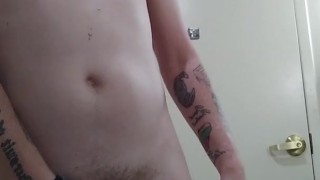 Sexy tattooed teen strips and fondles himself before a shower
