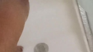 Stroking my cock in the walk-in shower before leaving NJ