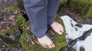 A walk barefoot in a muddy woods