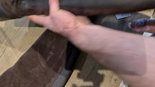Cum on boots in condom 