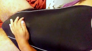 Faceless Solo Male Stroking in a One Piece Swimsuit – Overhead Close-Up Cumshot