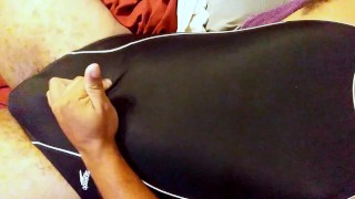 Faceless Solo Male Stroking in a One Piece Swimsuit – Overhead Close-Up Cumshot