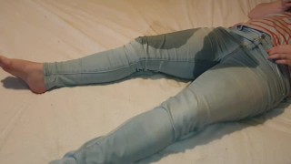 ⭐ Adorable Girl Wets Her Jeans On Her Bed While Playing On Her Phone :3