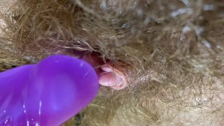 Bunny vibrator test masturbation POV closeup erected big clit wet orgasm hairy pussy