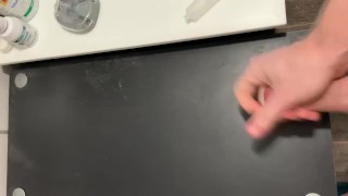 Using my toy and jerking my cock then cumming on shelf 