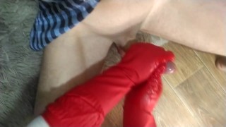 Cumming hard from my jerking off with rubber gloves POV