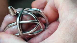 Chastity, urethral fuck close up and slow motion cumshot